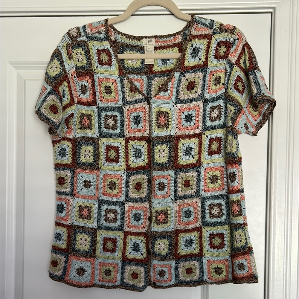 J. Jill Green and Brown Cropped Graphic Blouse